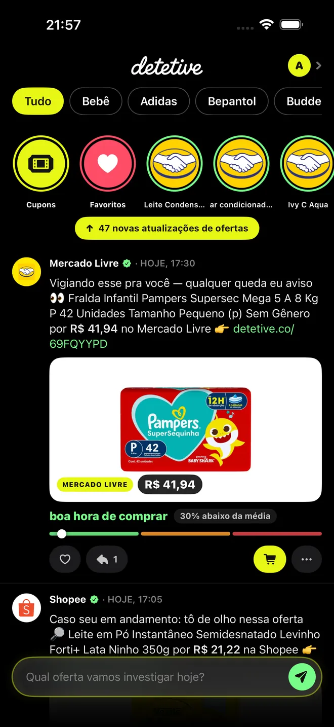 Feed do app com as ofertas dos produtos no radar