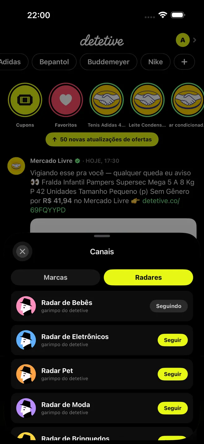 Radares por tema para seguir dentro do app